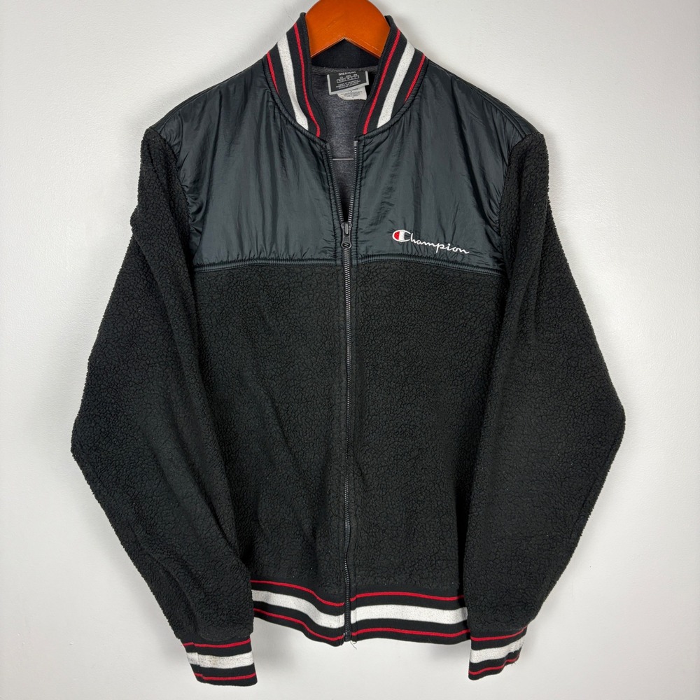 Champion Sherpa Fleece Jacket Black Full Zip‎ Varsity Style Mens Medium
